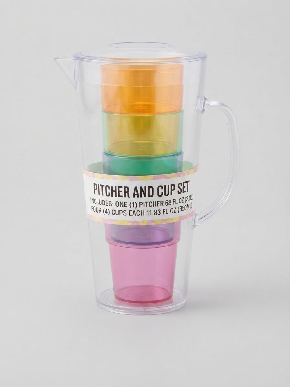 Clear Pitcher and Colorful Cup Set - Multicolor